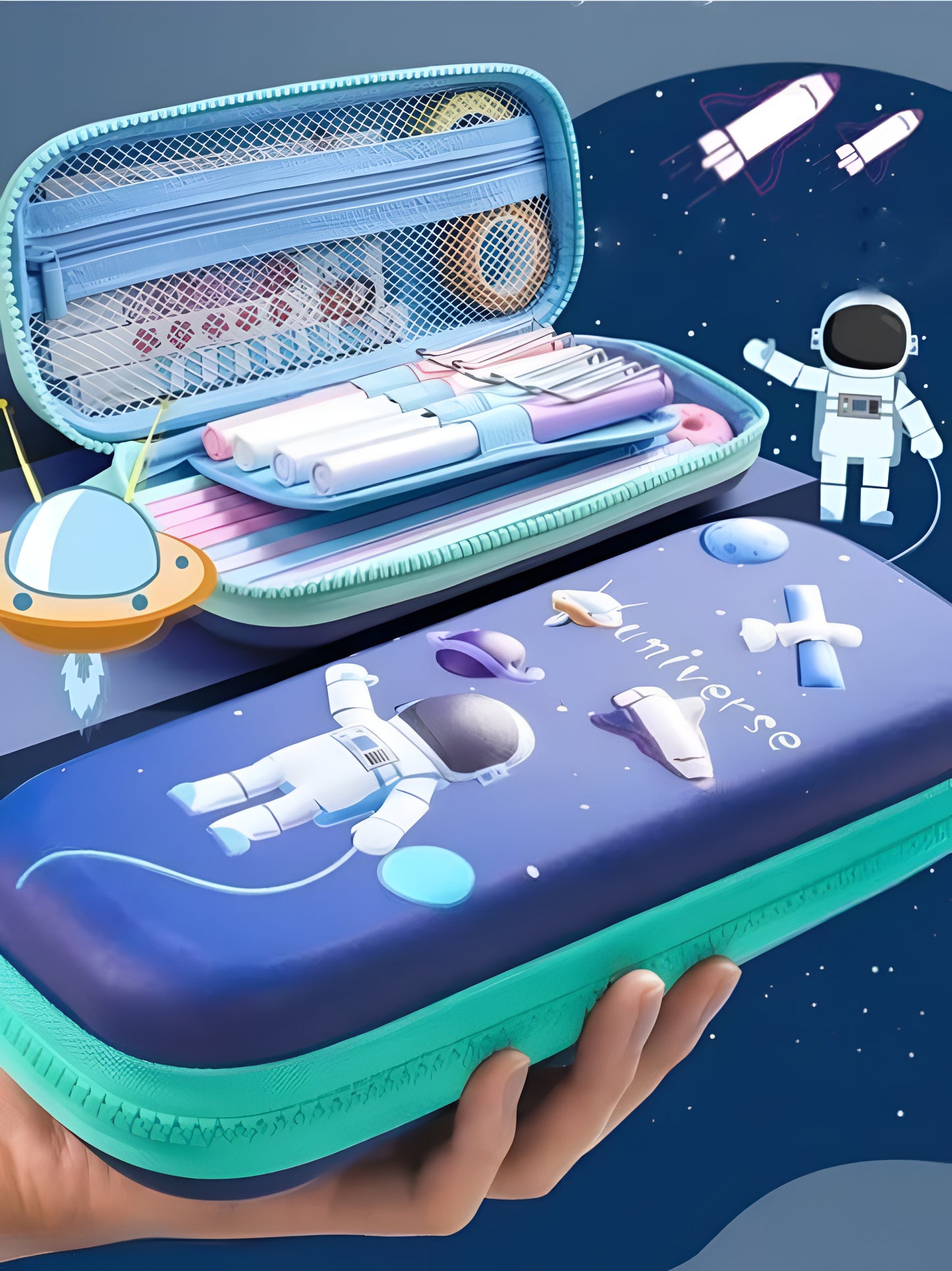 3D Cover Space Pencil Case Large Capacity Pencil Pouch Bag Cmpass School Pouch Organizer for Students Kids Premium Stylish Pen Holder Pouch, Stationery Box, (Pack of 1) - ᴘᴜɴᴊᴀʙ ꜰᴜꜱɪᴏɴ