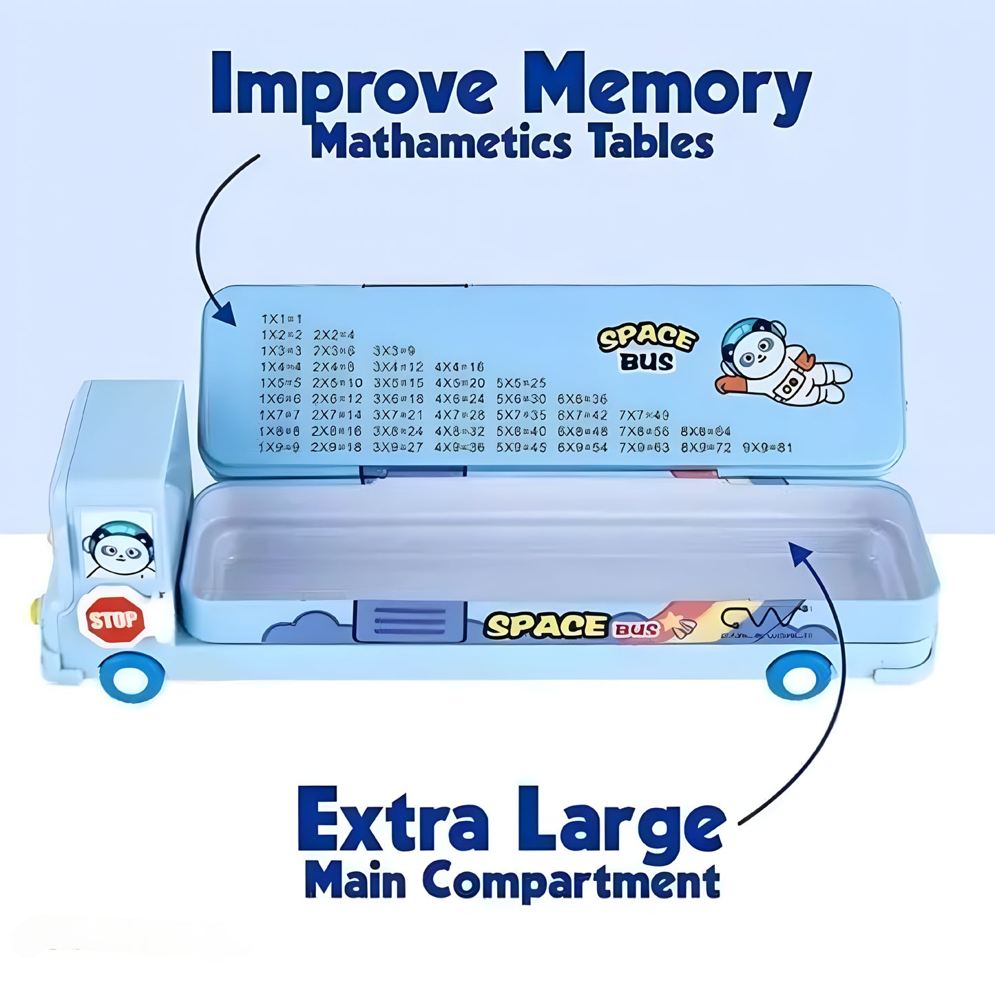Beautiful Bus Shape Pencil Box (Blue) School Bus Metal Geometry Box for Kids Magic Bus with Moving Tyres with 3 Compartments Moving Tyres and Sharpener Geometry Case for Boys and Girls (Blue) - ᴘᴜɴᴊᴀʙ ꜰᴜꜱɪᴏɴ