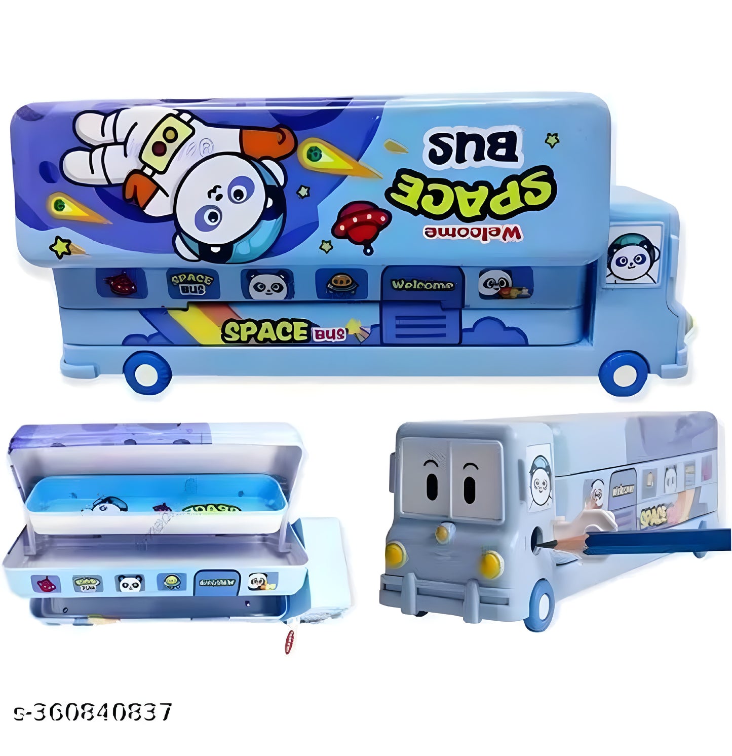 Beautiful Bus Shape Pencil Box (Blue) School Bus Metal Geometry Box for Kids Magic Bus with Moving Tyres with 3 Compartments Moving Tyres and Sharpener Geometry Case for Boys and Girls (Blue) - ᴘᴜɴᴊᴀʙ ꜰᴜꜱɪᴏɴ