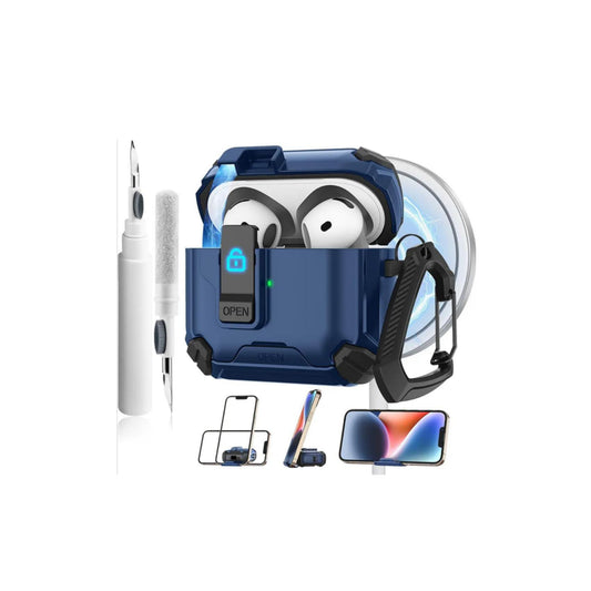 Meliya for AirPods 4th Generation Case with Magnetic Automatic Lock with Phone Stand & Cleaning Kit, Compatible with MagSafe, Rugged Shell Shockproof Protective Cover for AirPods 4 - Dark Blue - ᴘᴜɴᴊᴀʙ ꜰᴜꜱɪᴏɴ