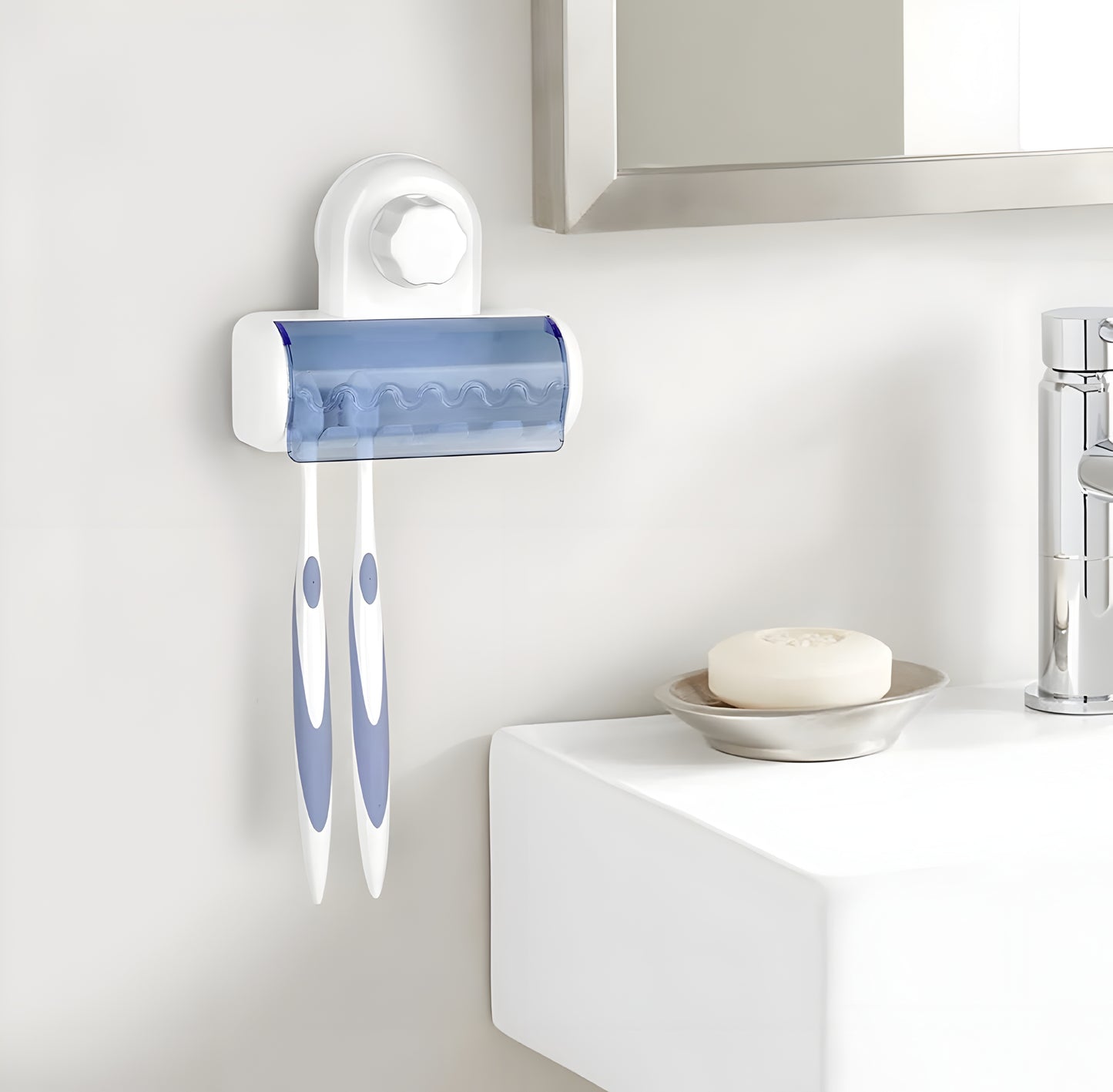 Wall Mounted 5 Toothbrush Holder Storage with Dust Proof Cover pack of 1 white, blue - ᴘᴜɴᴊᴀʙ ꜰᴜꜱɪᴏɴ