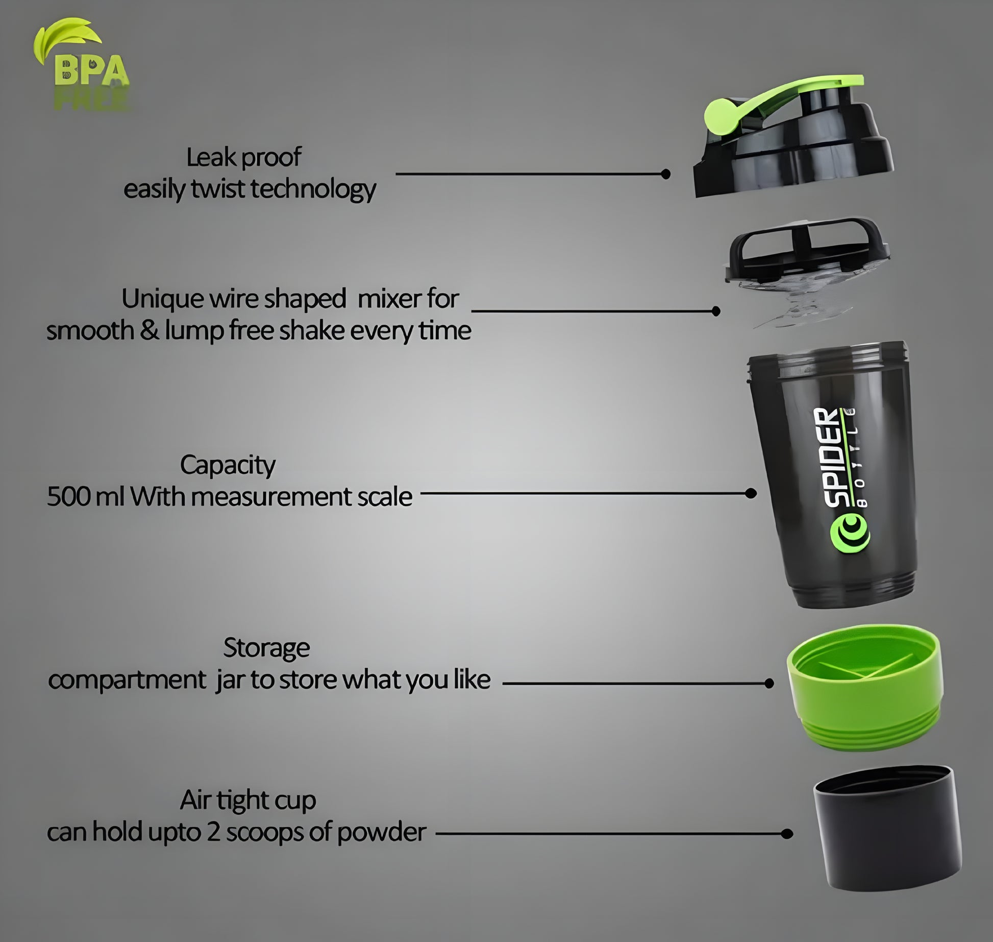 Spider Gym Shaker Bottle, Shakers for Protein Shake with 2 Storage Compartment Gym protein shaker for workout 500ML (GREEN) - ᴘᴜɴᴊᴀʙ ꜰᴜꜱɪᴏɴ