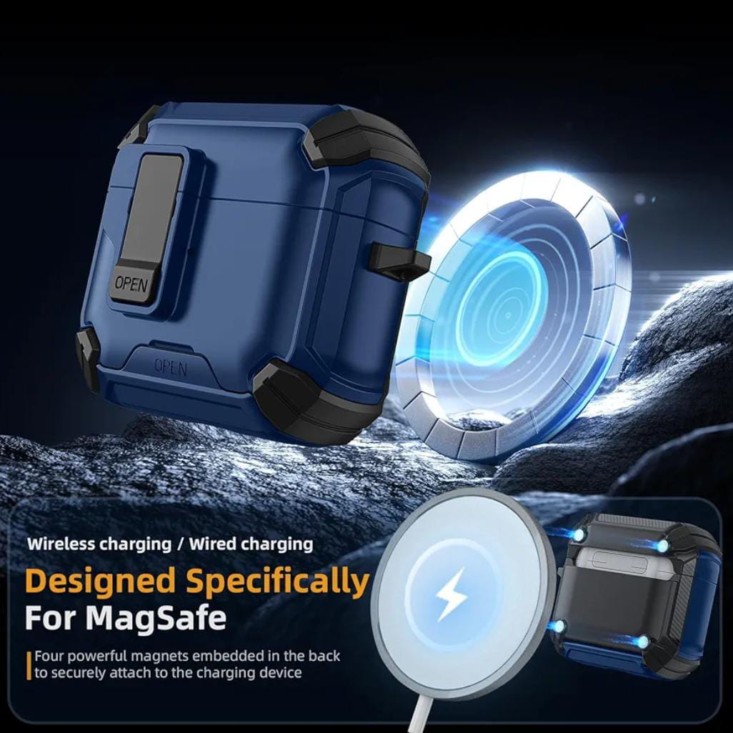 Meliya for AirPods 4th Generation Case with Magnetic Automatic Lock with Phone Stand & Cleaning Kit, Compatible with MagSafe, Rugged Shell Shockproof Protective Cover for AirPods 4 - Dark Blue - ᴘᴜɴᴊᴀʙ ꜰᴜꜱɪᴏɴ