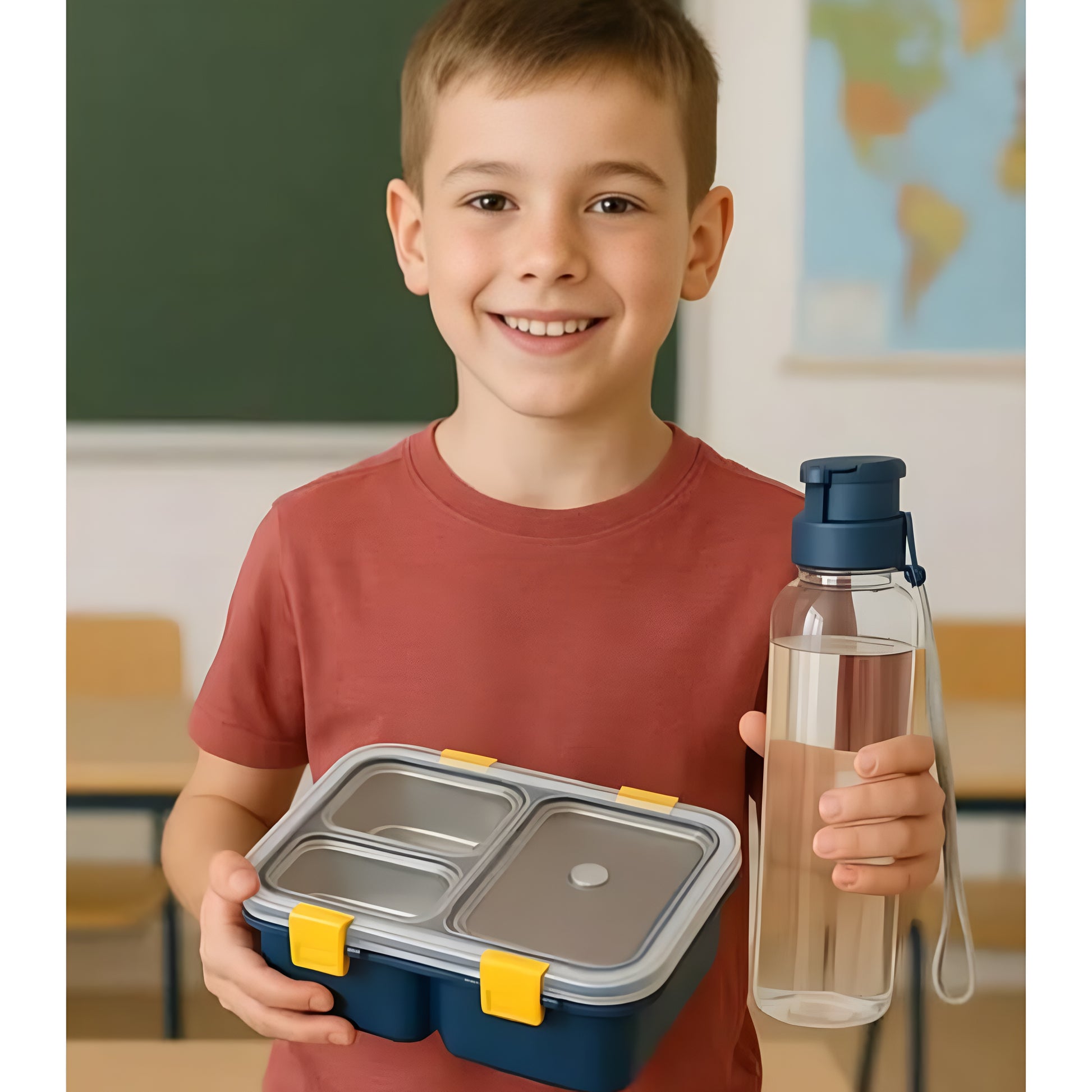 Lunch Box with Bottle, Blue, 700ml, 3 Container Lunch Box - ᴘᴜɴᴊᴀʙ ꜰᴜꜱɪᴏɴ