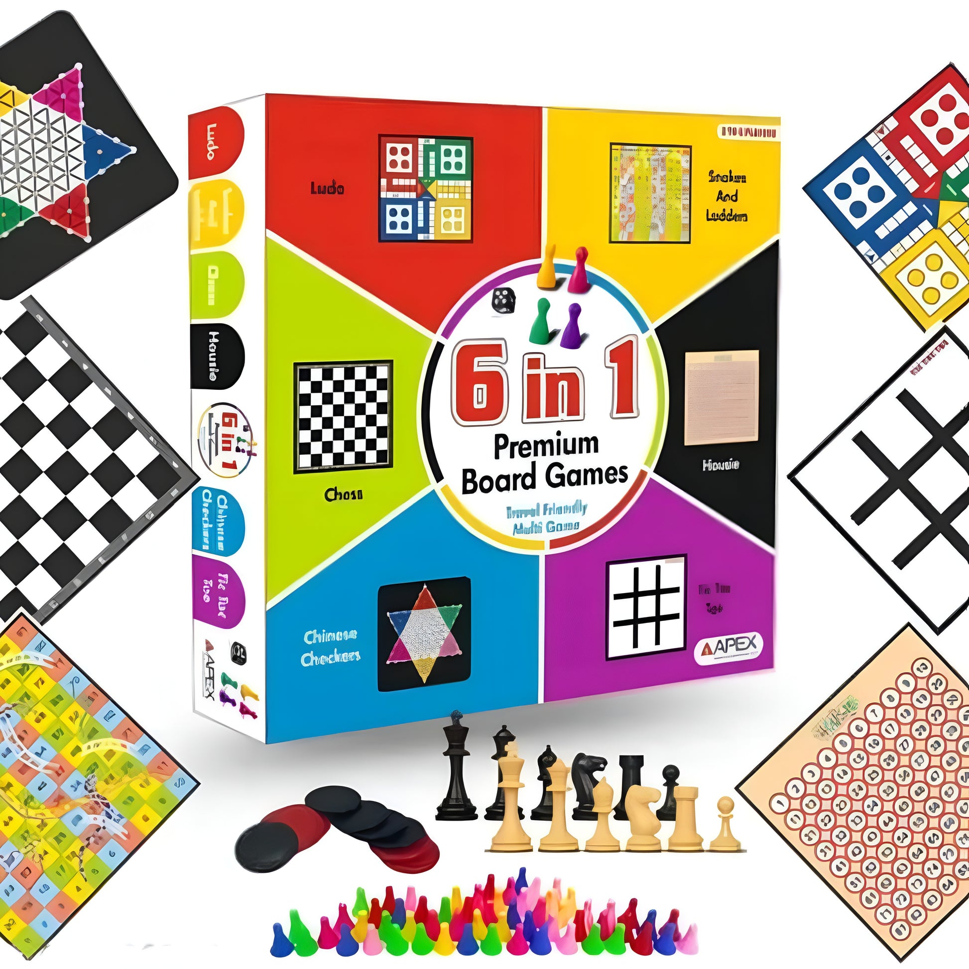 Apex Combo 6 in 1 Premium Board game Housie, chess, Ludo, Snakes and ladders, Tic Toe, Chinese checkers for kids and adults | Family games | Birthday gift - ᴘᴜɴᴊᴀʙ ꜰᴜꜱɪᴏɴ