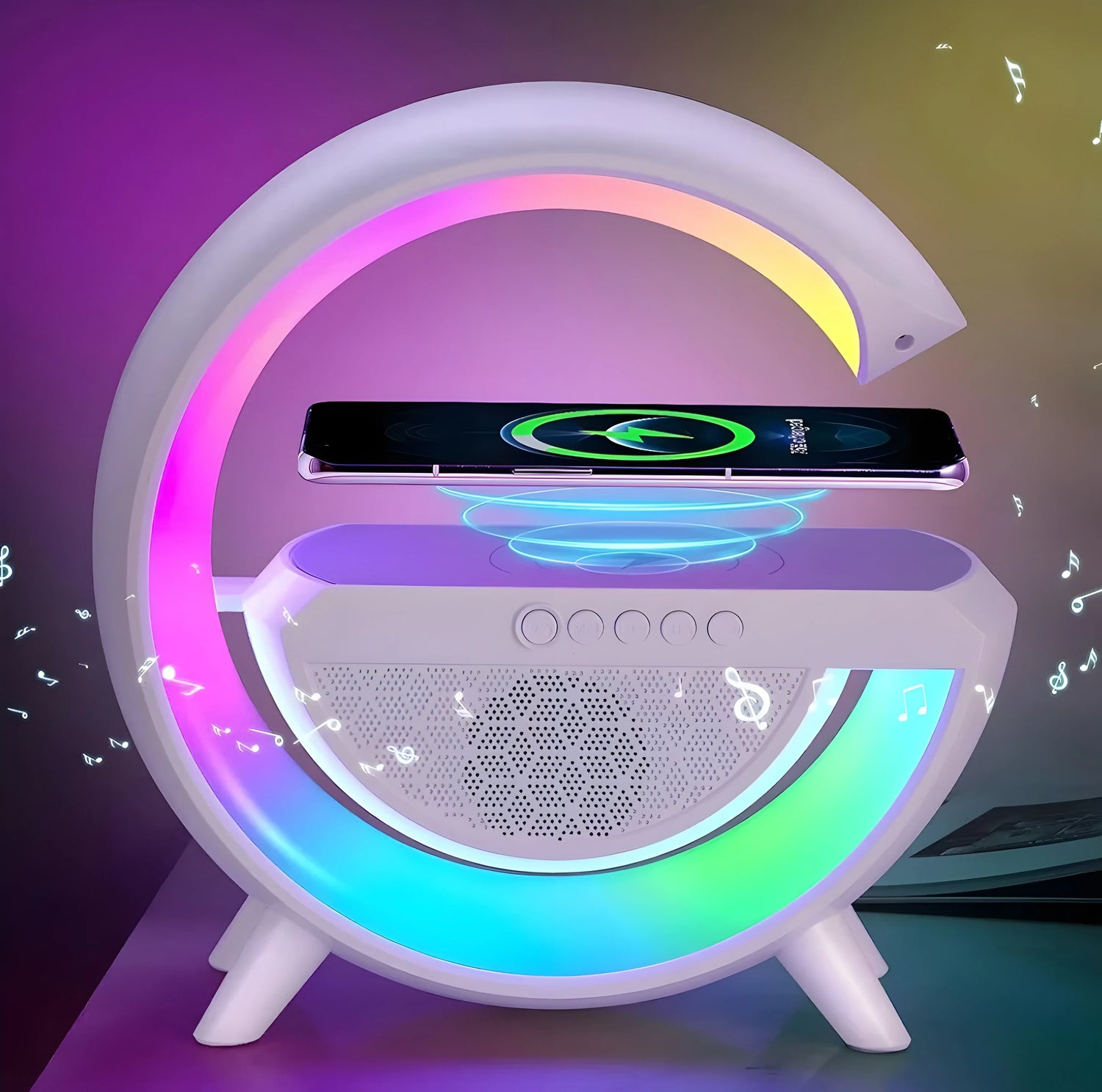 Fredysu G Shape Rechargeable Multifunctional Bluetooth Speaker With 15W Wireless Charger Cum Color Changing Desk Lamp Bedside Table Lamp Fm Radio With Aux & Wireless Charger-Plastic, Led - ᴘᴜɴᴊᴀʙ ꜰᴜꜱɪᴏɴ