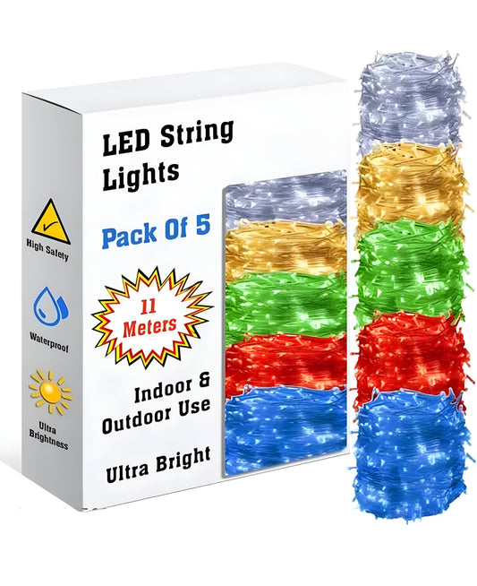 11 Meter LED Decorative String Fairy Rice Lights for Home Decoration Indoor and Outdoor Decoration Lights, Festival, Party, Garden, Wedding (Yellow, White, Red,Green,Blue) (Pack of 5 )