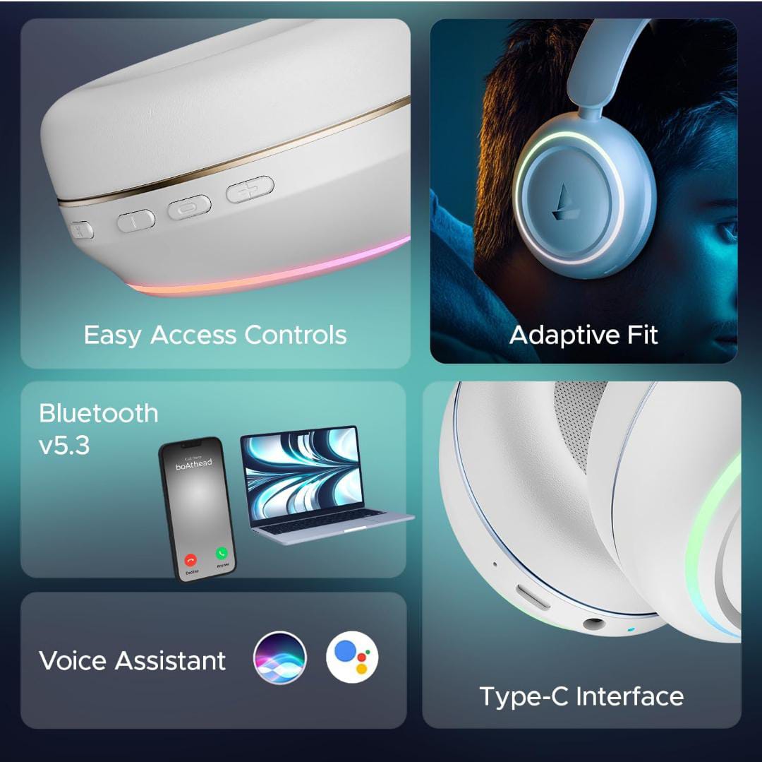 boAt Rockerz 480 W/RGB LEDs, 6 Light Modes, 40Mm Drivers, Beast Mode, 60Hrs Playback, Enx Tech, BT V5.3, Adaptive Fit & Easy Access Controls, Bluetooth Over Ear Headphones (White Sabre) - ᴘᴜɴᴊᴀʙ ꜰᴜꜱɪᴏɴ