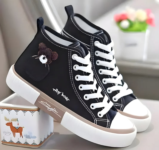 Trendy Black Canvas High-Top Sneakers for Women & Girls