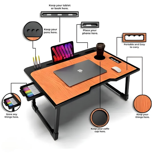 Foldable Wooden Mini Laptop Table for Bed, Study Table with Drawer, Tablet/Mobile Holder for Kids & Adults