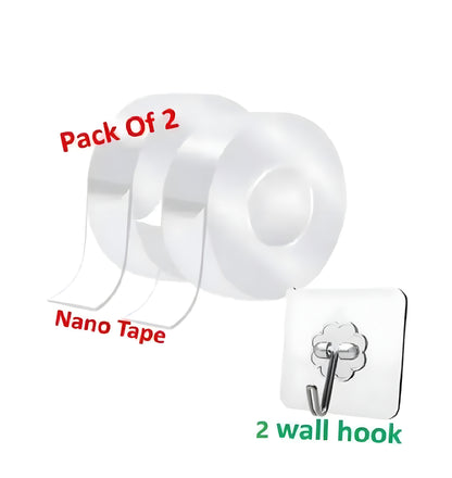 2Pcs Nano Double Sided Tape, Multipurpose Super Sticky for Home & Office and 2 adhesive hooks - ᴘᴜɴᴊᴀʙ ꜰᴜꜱɪᴏɴ