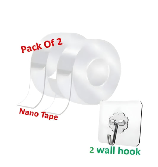 2Pcs Nano Double Sided Tape, Multipurpose Super Sticky for Home & Office and 2 adhesive hooks