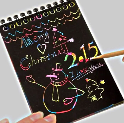 Rainbow Scratch Art Notepad, Black Paper with Wooden Stylus, Magic Drawing Sketchbook for Kids - ᴘᴜɴᴊᴀʙ ꜰᴜꜱɪᴏɴ