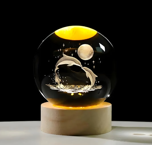 Glass Lamp 3D Ball Astronomy Night Lamp with Base for Living Room Ornament Solar System Fantasy Decoration LED Colorful Lighting Touch Base Moon Light (dolphin)