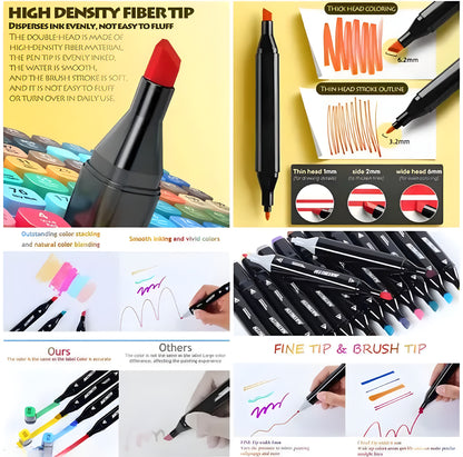24 Pcs Dual Tip Markers Set, Non-Toxic Art Supplies for Kids & Adults, Perfect Drawing, Illustration in Coloring Books Pen with Carry Case Set Colour Broad Drawing Sketching (24) - ᴘᴜɴᴊᴀʙ ꜰᴜꜱɪᴏɴ