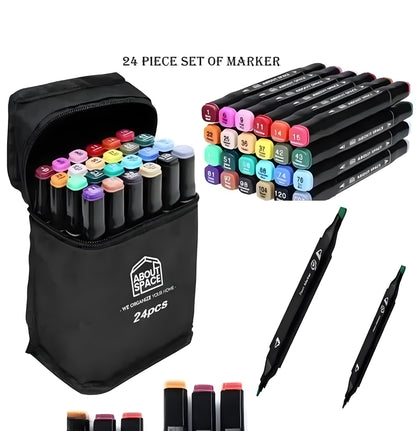 24 Pcs Dual Tip Markers Set, Non-Toxic Art Supplies for Kids & Adults, Perfect Drawing, Illustration in Coloring Books Pen with Carry Case Set Colour Broad Drawing Sketching (24) - ᴘᴜɴᴊᴀʙ ꜰᴜꜱɪᴏɴ