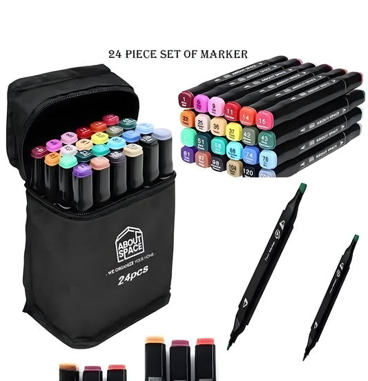 24 Pcs Dual Tip Markers Set, Non-Toxic Art Supplies for Kids & Adults, Perfect Drawing, Illustration in Coloring Books Pen with Carry Case Set Colour Broad Drawing Sketching (24)