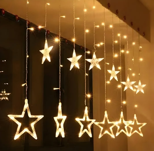 PUNJAB FUSION Curtain Light 12 star LED 6 Big Star 6 Small Star Light | With 8 Flashing Modes | 12 Stars |Warm white |For Indoor & Outdoor Decorations