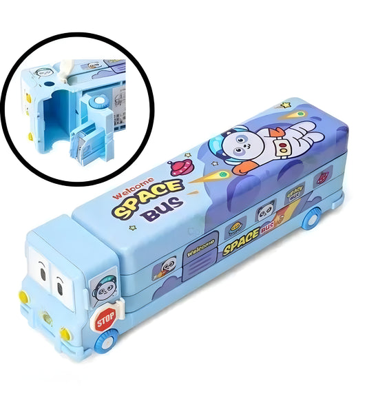 Beautiful Bus Shape Pencil Box (Blue) School Bus Metal Geometry Box for Kids Magic Bus with Moving Tyres with 3 Compartments Moving Tyres and Sharpener Geometry Case for Boys and Girls (Blue)