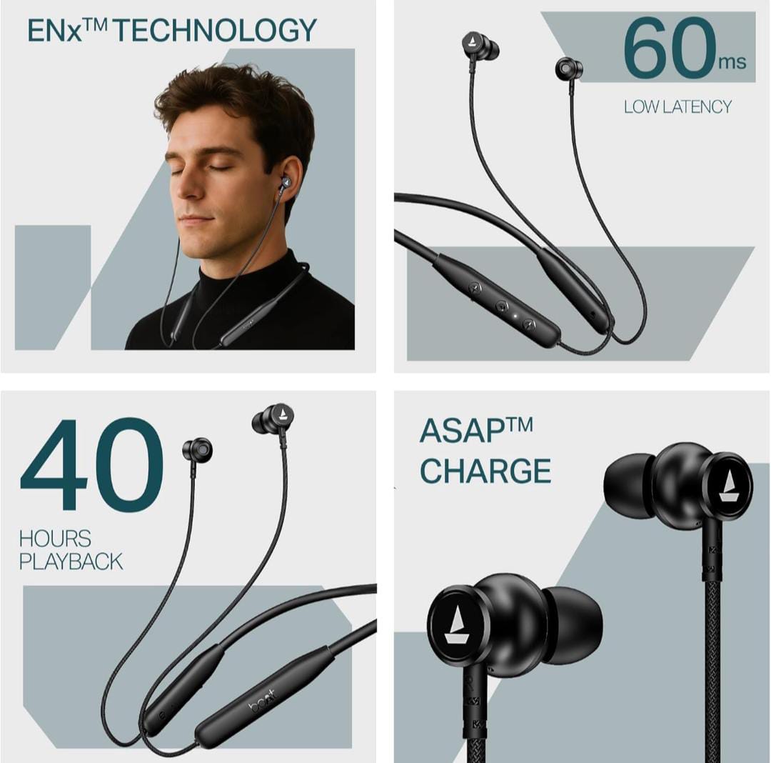 BoAt Rockerz 113 (2025 Launch), 40 Hrs Playback etc.Dual Pair, Fast Charge, Enx Tech, Low Latency, Magnetic Buds, Bluetooth Neckband, Wireless with Mic in Ear Earphones (Active Black) - ᴘᴜɴᴊᴀʙ ꜰᴜꜱɪᴏɴ