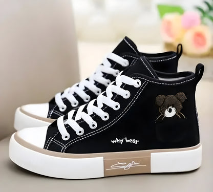 Trendy Black Canvas High-Top Sneakers for Women & Girls - ᴘᴜɴᴊᴀʙ ꜰᴜꜱɪᴏɴ