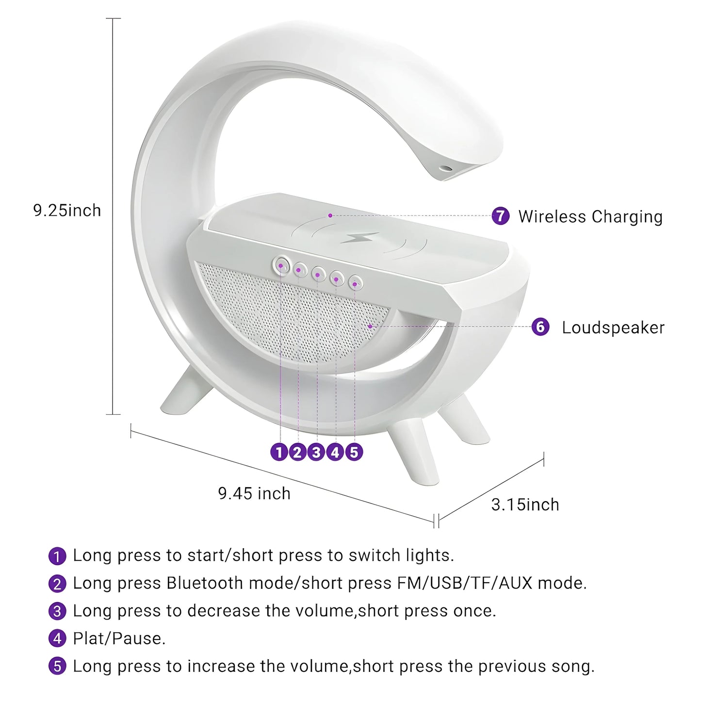Fredysu G Shape Rechargeable Multifunctional Bluetooth Speaker With 15W Wireless Charger Cum Color Changing Desk Lamp Bedside Table Lamp Fm Radio With Aux & Wireless Charger-Plastic, Led - ᴘᴜɴᴊᴀʙ ꜰᴜꜱɪᴏɴ