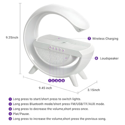 Fredysu G Shape Rechargeable Multifunctional Bluetooth Speaker With 15W Wireless Charger Cum Color Changing Desk Lamp Bedside Table Lamp Fm Radio With Aux & Wireless Charger-Plastic, Led - ᴘᴜɴᴊᴀʙ ꜰᴜꜱɪᴏɴ