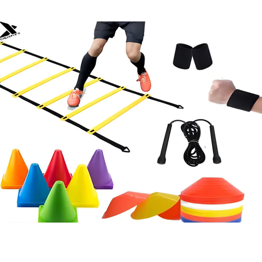 CF SPORTS PVC Agility Cone Combo (6 Inch Pack 6) 10 Space Markers& Ladder Agility, 4 Meter Ladder Combos Skipping rope with Wrist band (Multicolour, 6 Inch)