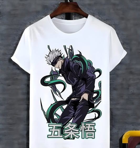 Anime T Shirt for Boys and Girls Regular fit Jujutsu Kaisen T Shirts Round Neck gojo satoru 1 Tshirt White Half Sleeves