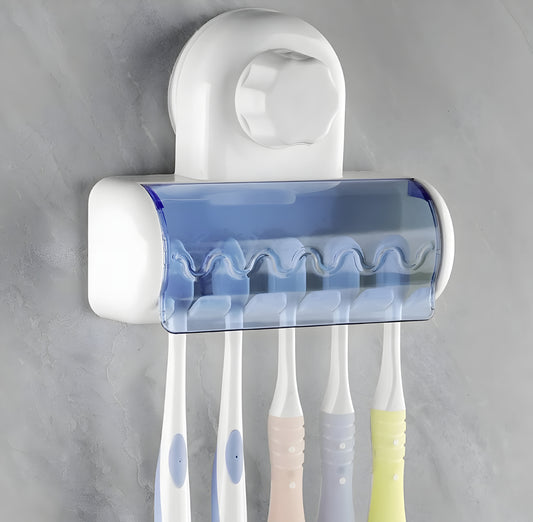 Wall Mounted 5 Toothbrush Holder Storage with Dust Proof Cover pack of 1 white, blue